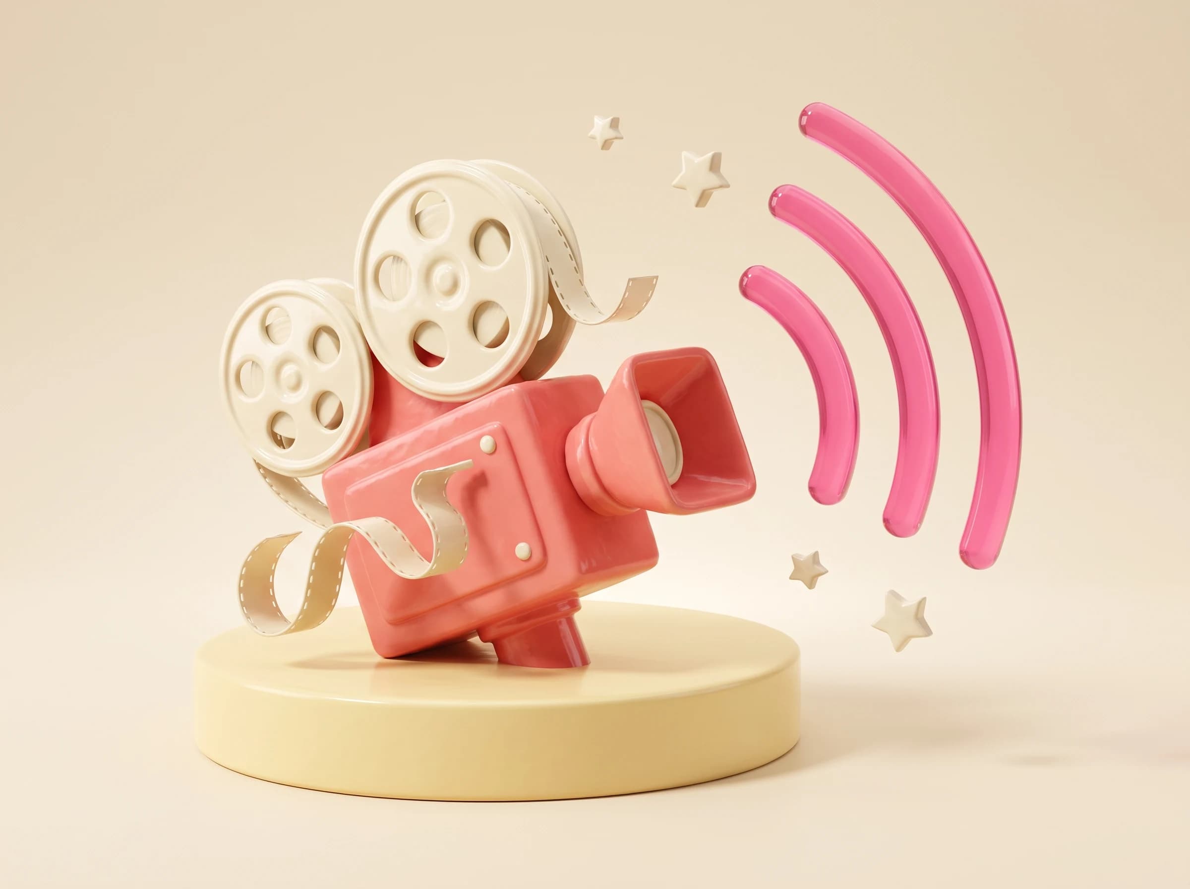 Sculptural camera and broadcast waves illustrate content creation and distribution